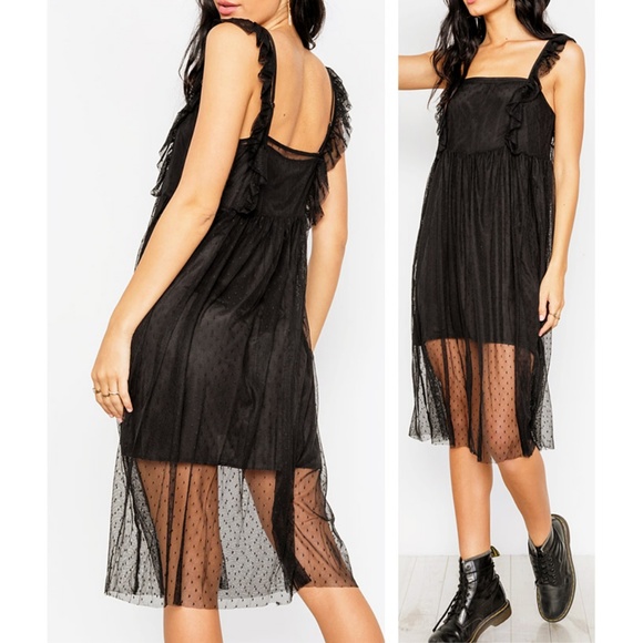 Black Polka Dot Sheer Mesh + Satin Slip Midi Dress - Picture 3 of 8